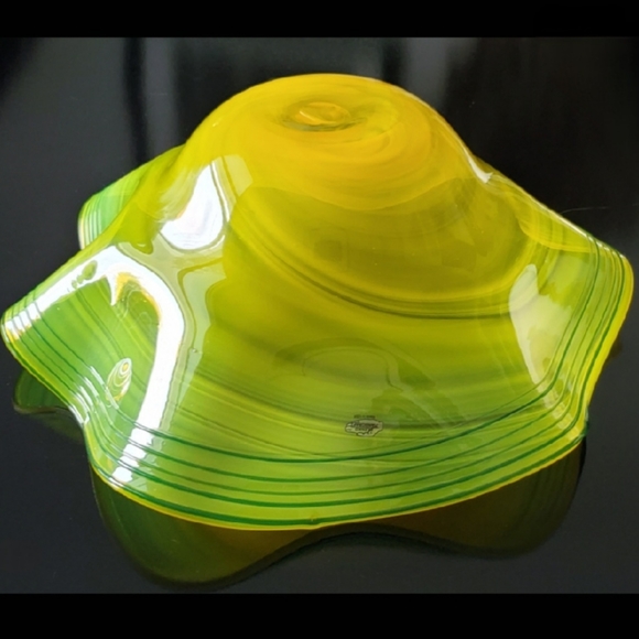 Huge Blenko 17" Handmade Yellow & Blue Art Glass Bowl - Picture 5 of 13